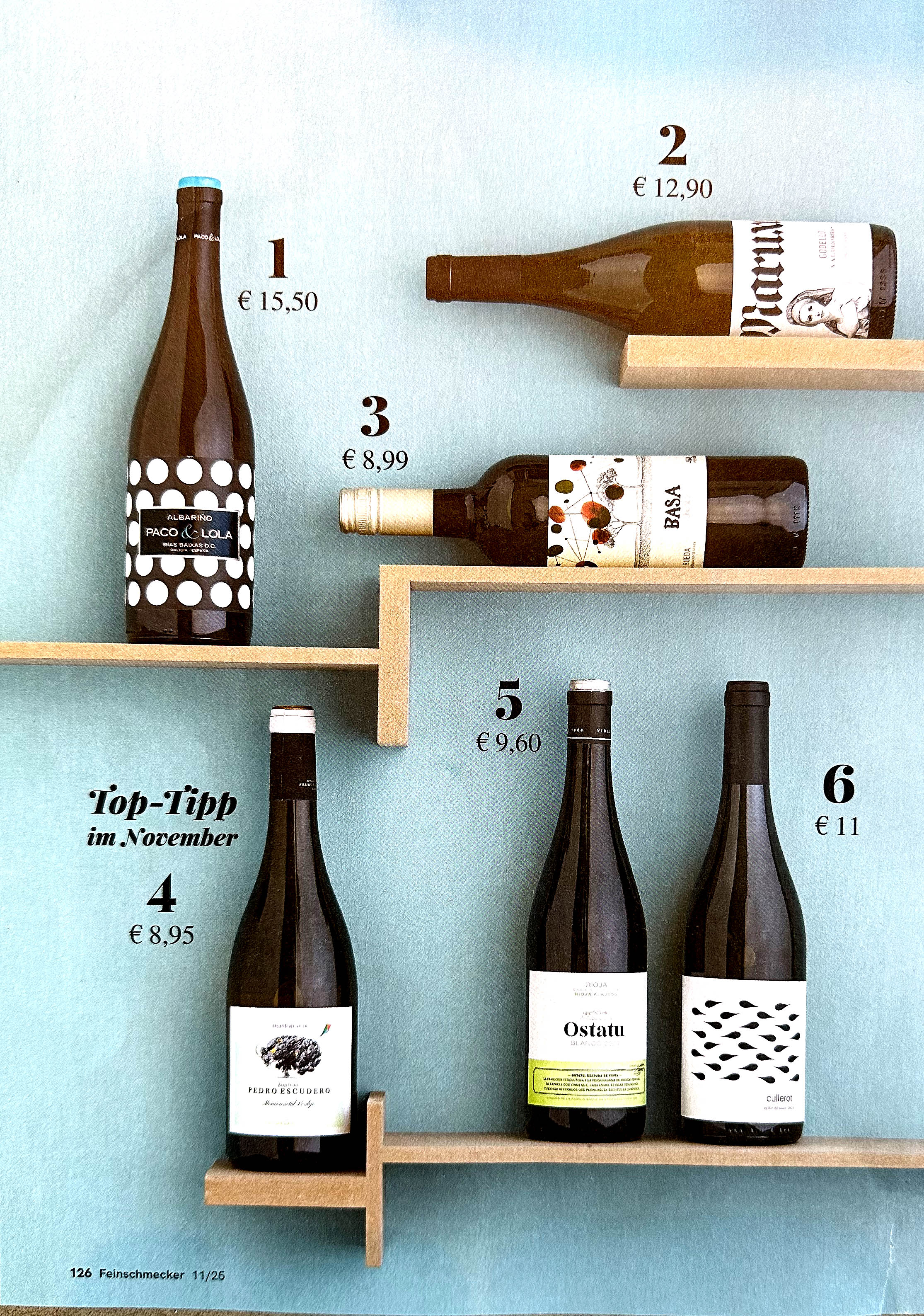 Ein Bild vieler spanischer Weissweine und  dem Wein Cullerot, aus dem Feinschmecker Magazin 11/2025