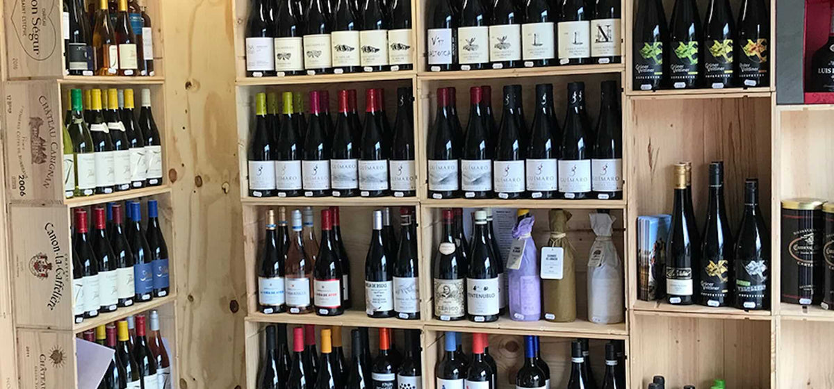 blauWein Ladenansicht, viele Weinflaschen in einem Regal bei blauWein Haseldorf